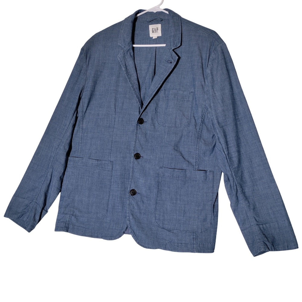 Gap Mens Blue Chambray Unstructured Blazer Jacket Size L 3-Button Cotton Blend